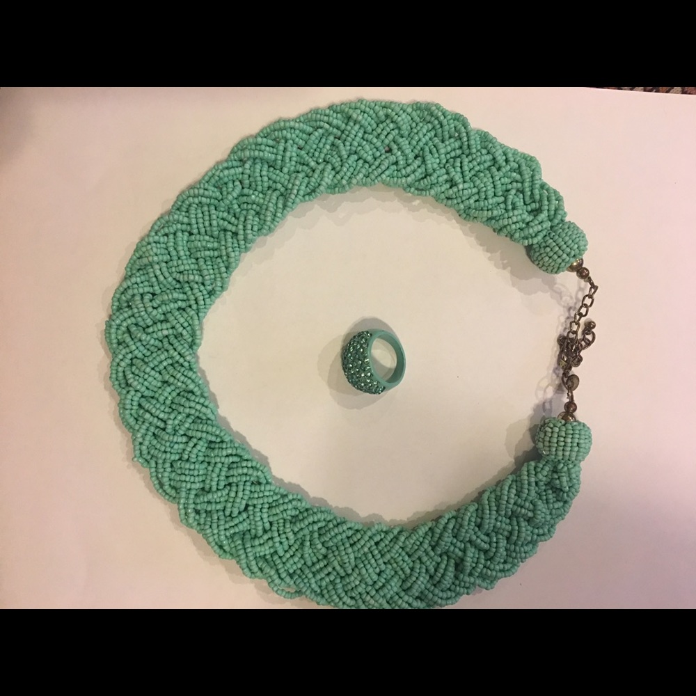 Braided beaded light green necklace and ring